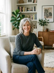 Alt Text: Woman over 50 with a natural wash-and-go shag haircut with effortless volume