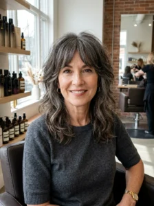 Short shag haircut for a woman over 50 with maximum crown volume and texture.