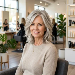 Modern shag haircut for a woman over 50 with layered volume and face-framing texture.