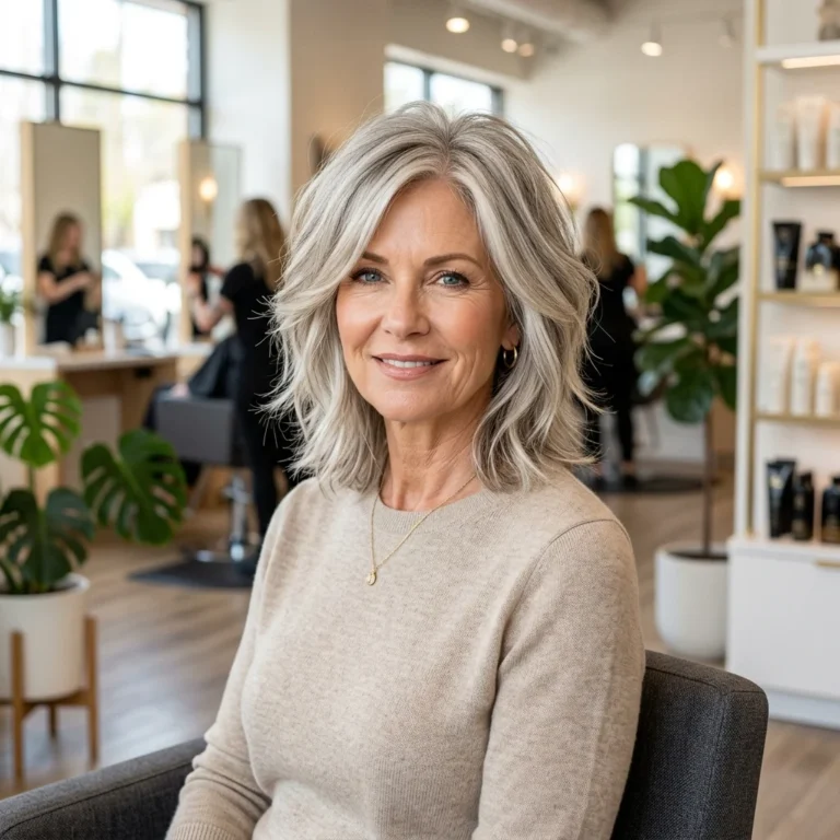 Modern shag haircut for a woman over 50 with layered volume and face-framing texture.