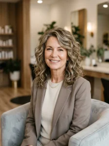 Alt Text: Woman over 50 with a textured perm shag haircut adding volume and movement