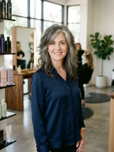 Shag haircut on a woman over 50 showing layered volume and soft face-framing texture.