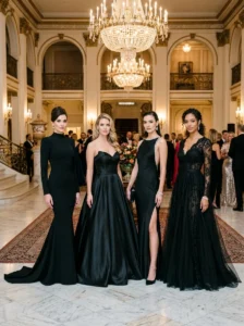 Alt Text: Four classic black gown silhouettes for elegant formal occasions
