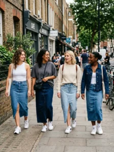 Alt Text: Casual long denim skirt outfits for everyday wear