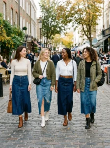 Alt Text: Elevated casual long denim skirt outfits for weekends