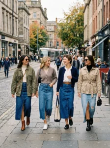 Alt Text: Professional long denim skirt outfits for the office