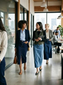 Alt Text: Long denim skirt with tailored vest and collared shirt