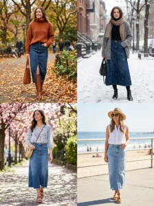 Alt Text: Long denim skirt with tights and ankle boots