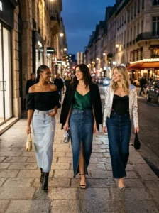 Alt Text: Long denim skirt outfits styled for date night and evening