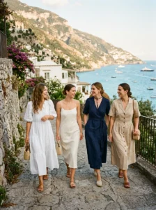 Woman wearing gold hoop earrings with a summer linen outfit