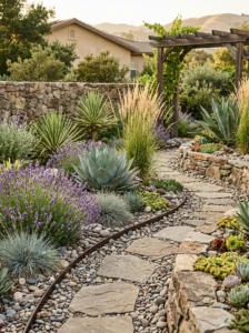 Alt Text: Landscape bed transitioning from fine gravel to larger river rocks.