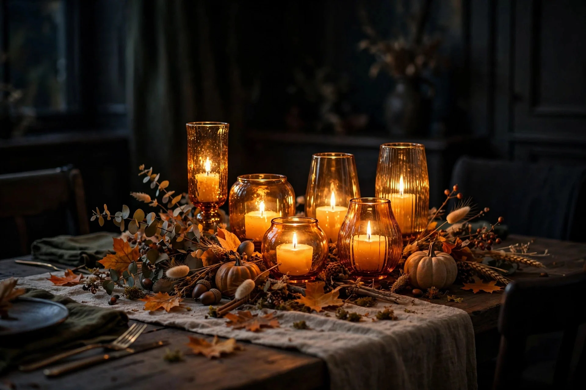 Fall dining table centerpiece with a cluster of amber glass candles of different heights glowing in a dark dining room