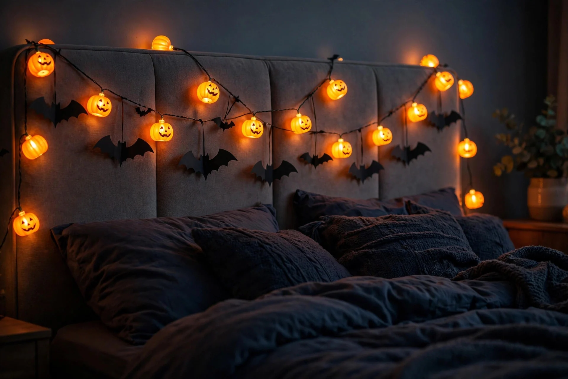 Teen bedroom with bat string lights over the bed