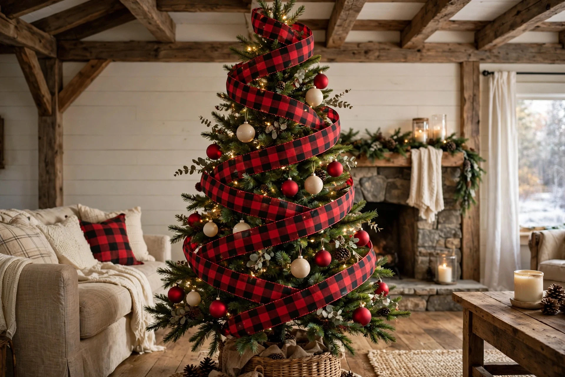 Christmas tree wrapped in wide red and black buffalo plaid ribbon in a farmhouse living room