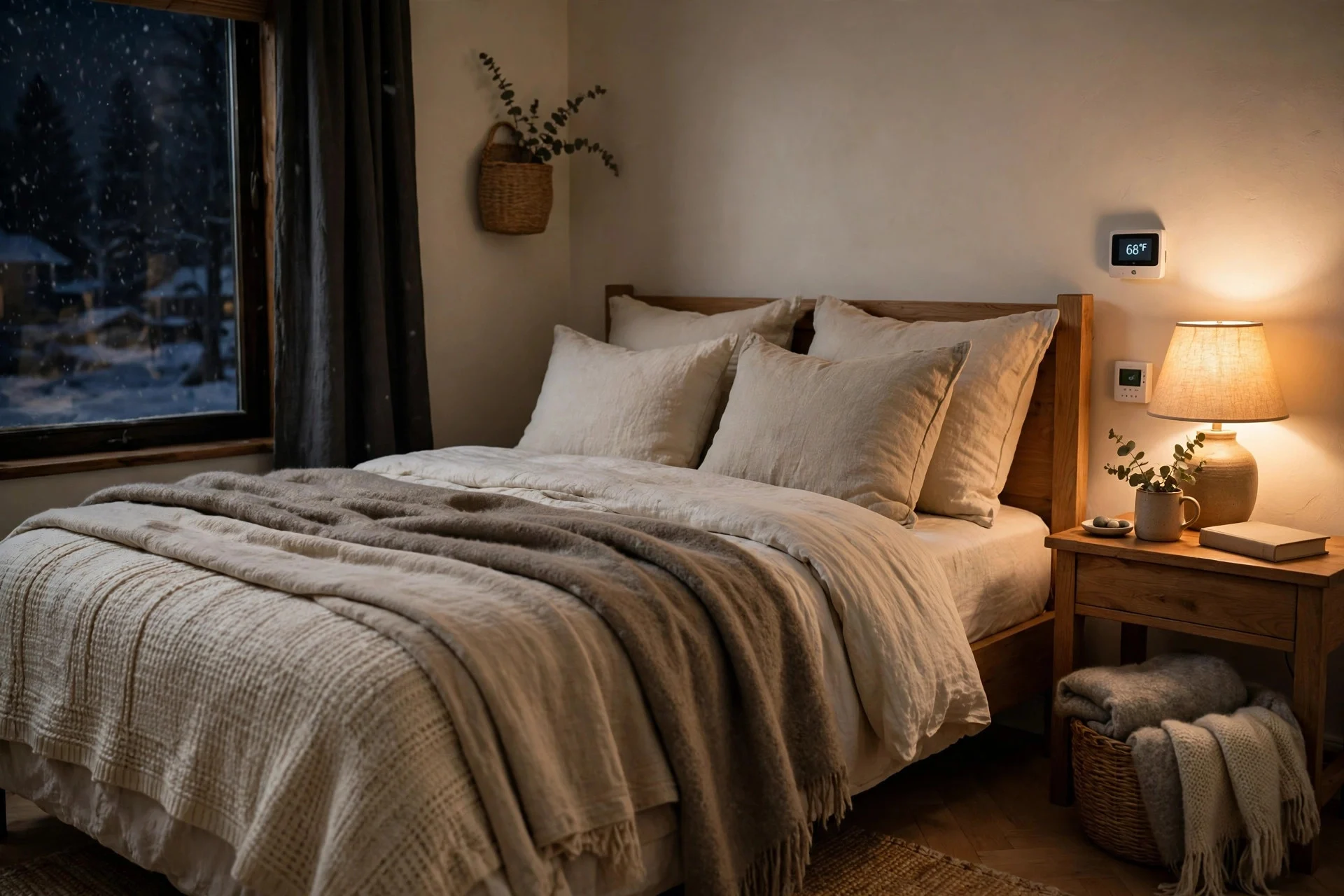 Thermostat set low in a cozy winter bedroom with layered blankets