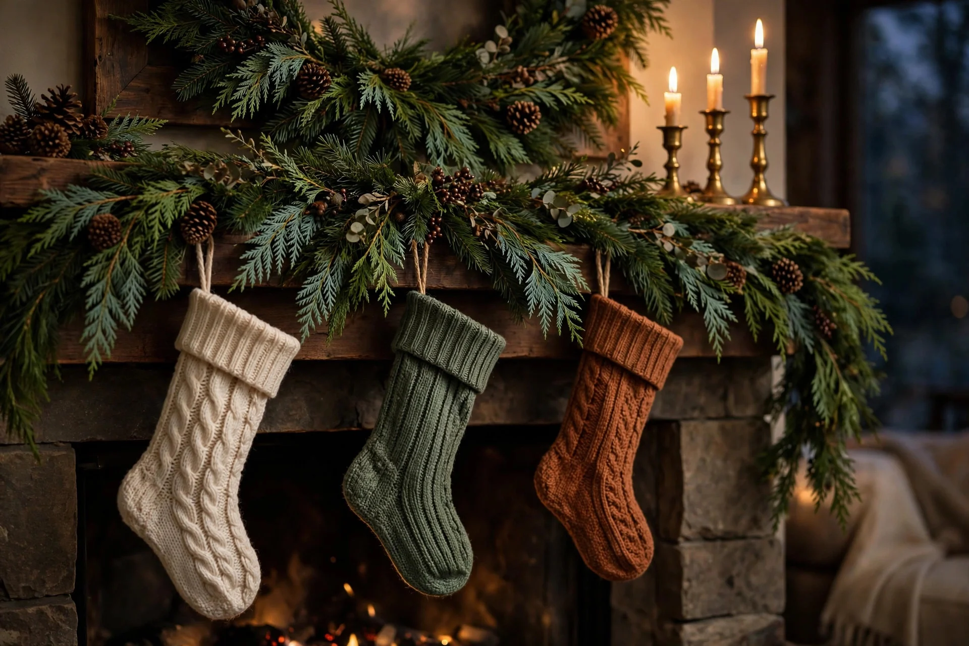 Fireplace mantel layered with double cedar and pine garland, stockings and glowing candles