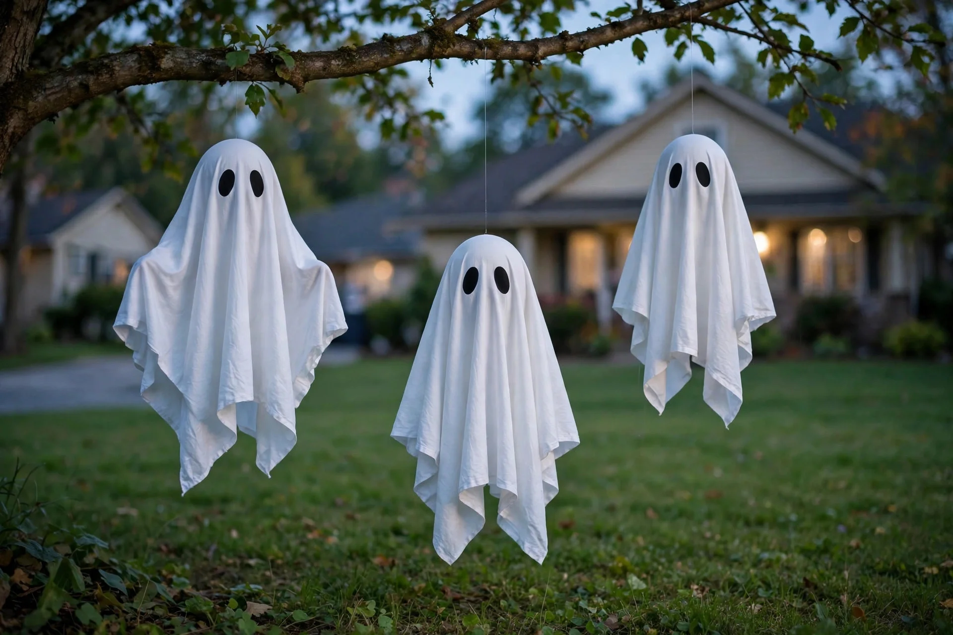 Floating sheet ghosts on a front lawn at dusk