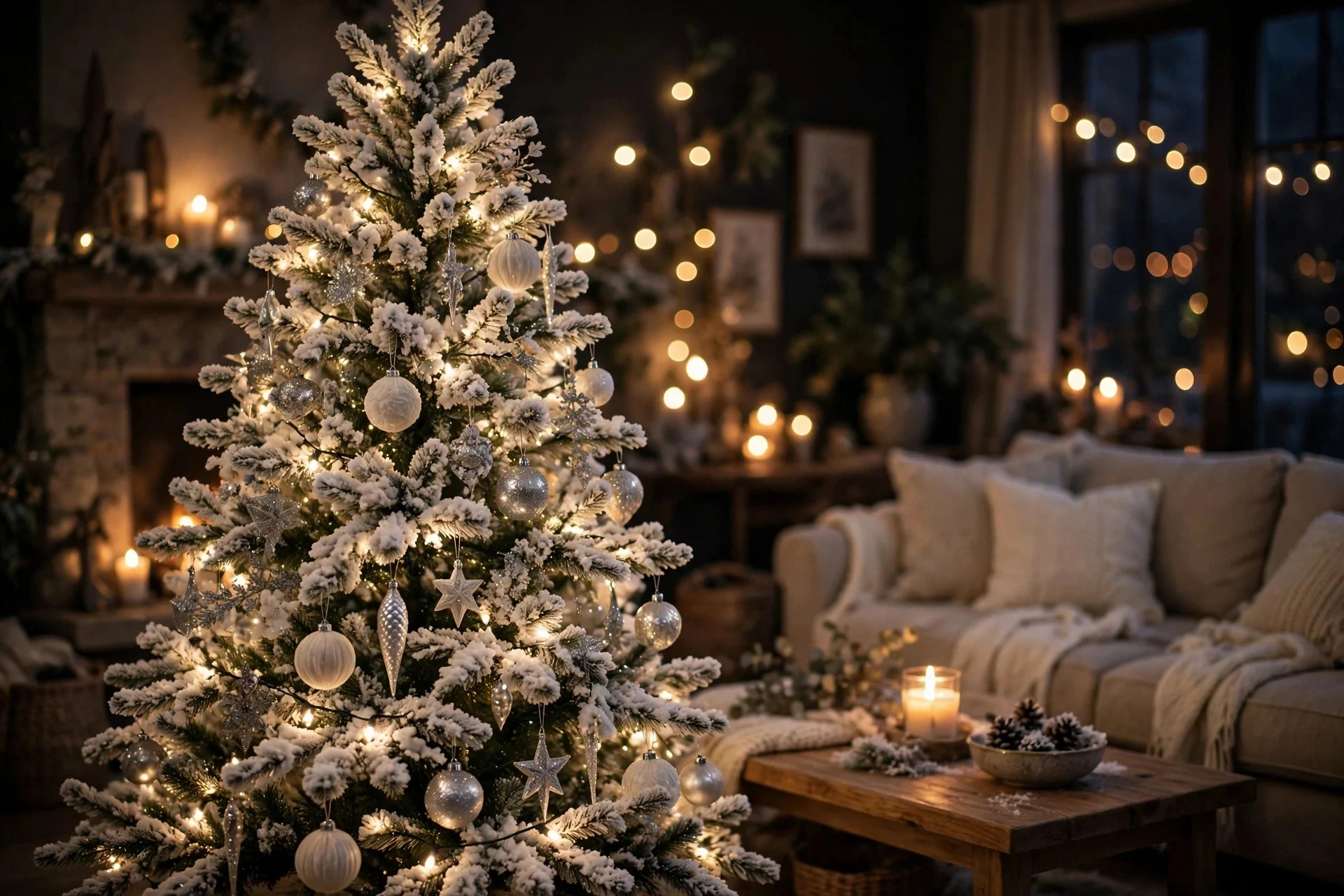 Flocked Christmas tree with warm white fairy lights glowing in a dark living room