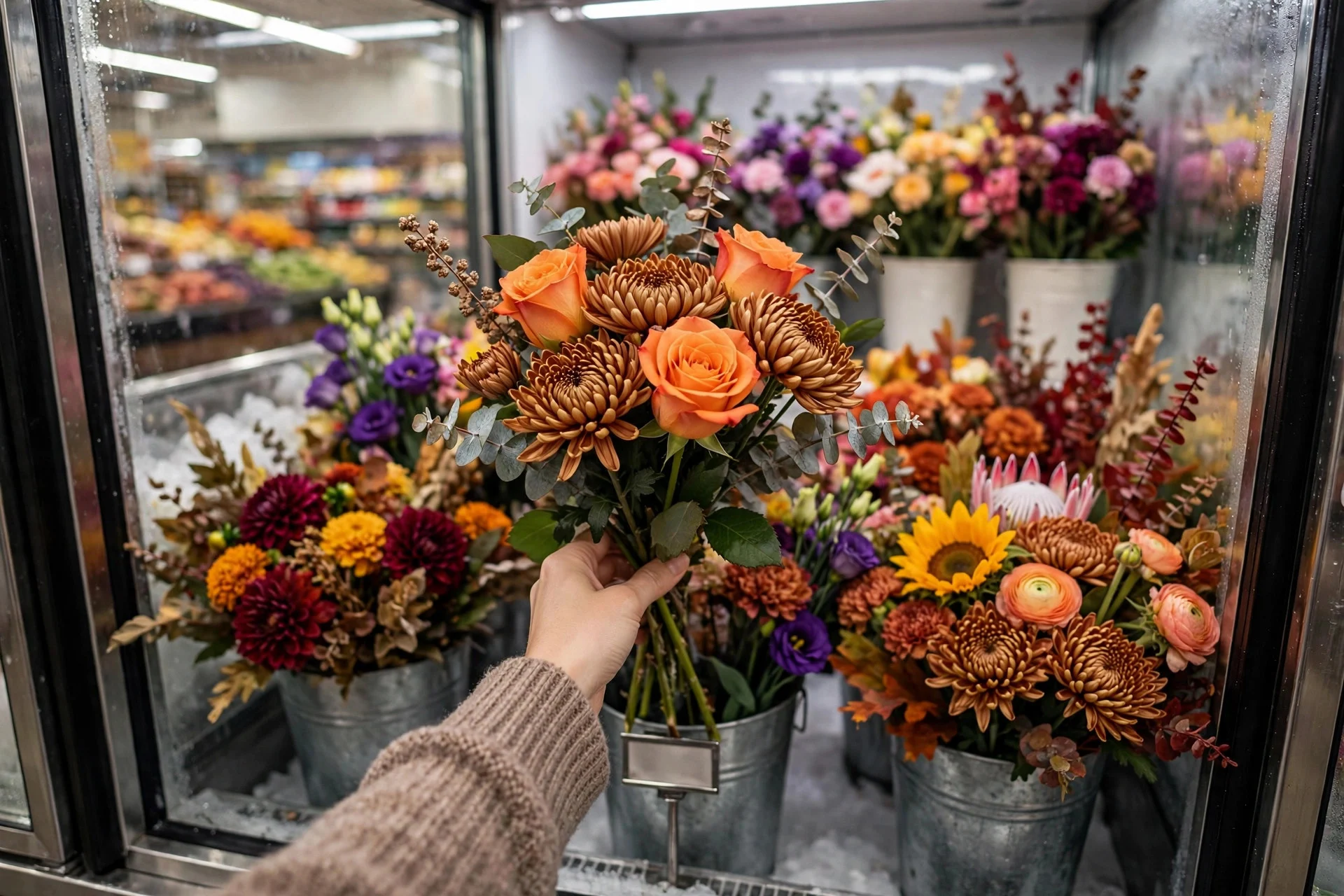 Hand selecting a bouquet of orange roses and bronze mums from a grocery store flower cooler