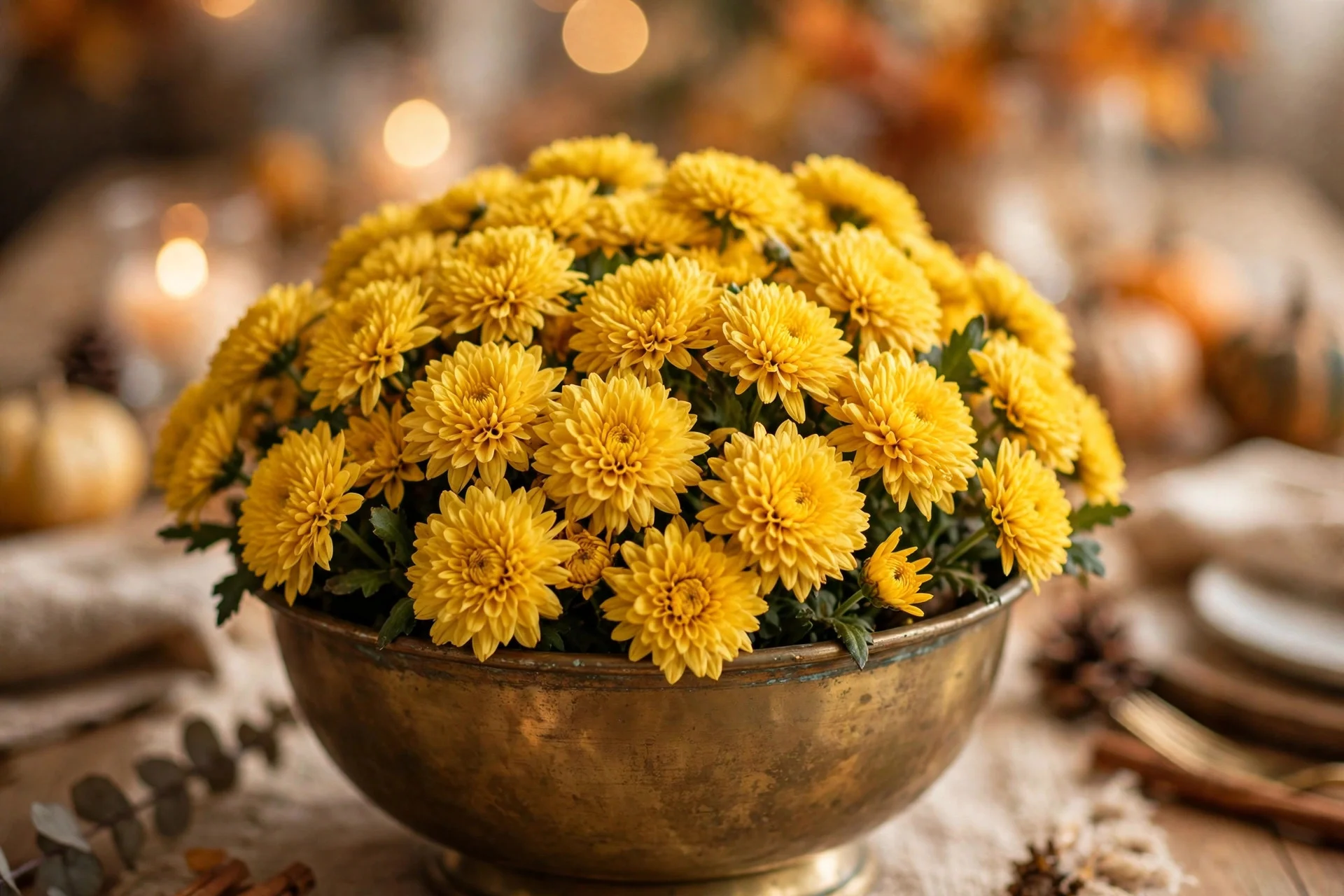 Golden grocery-store mums arranged in a thrifted brass bowl as a Thanksgiving centerpiece