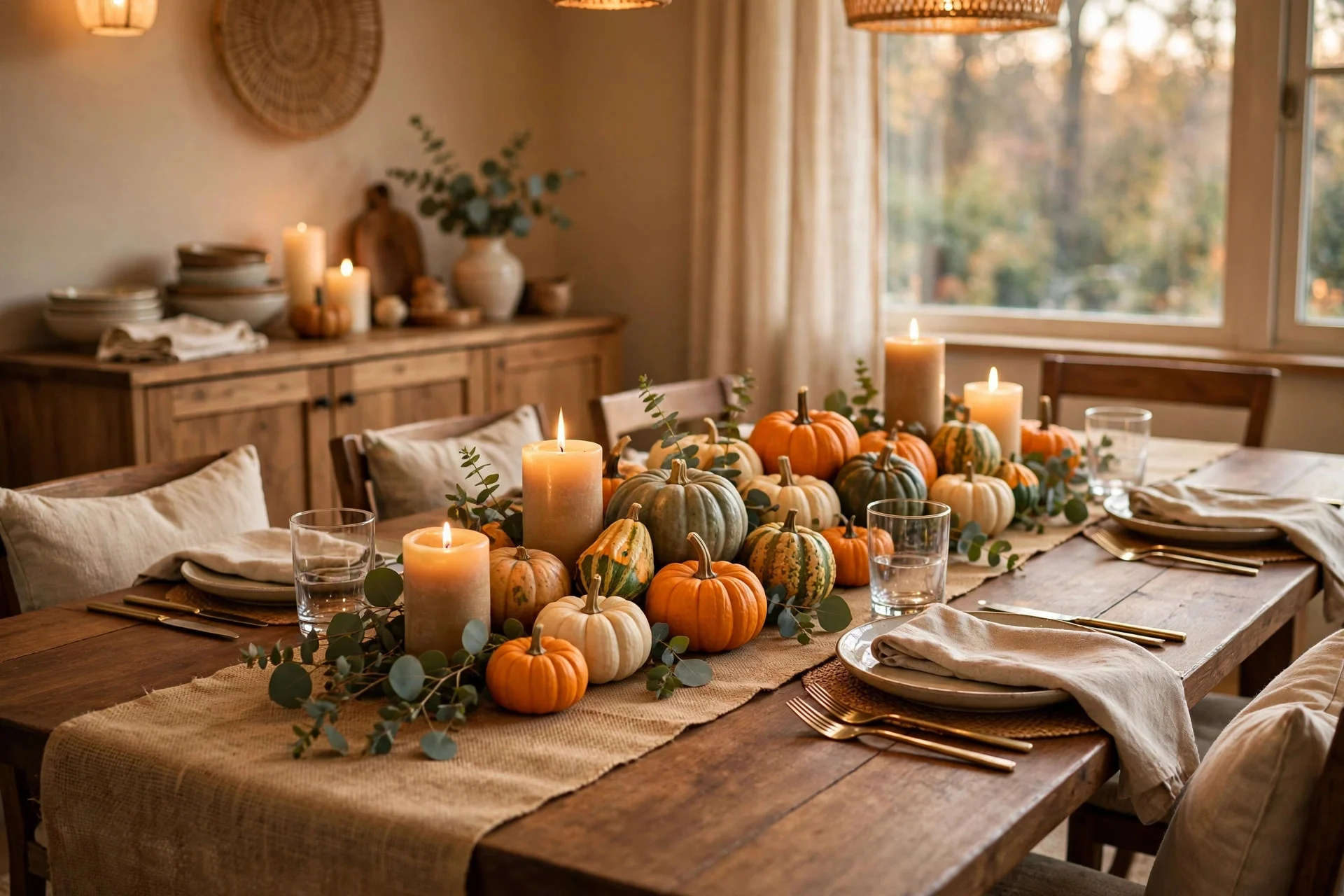 Thanksgiving table with harvest runner centerpiece