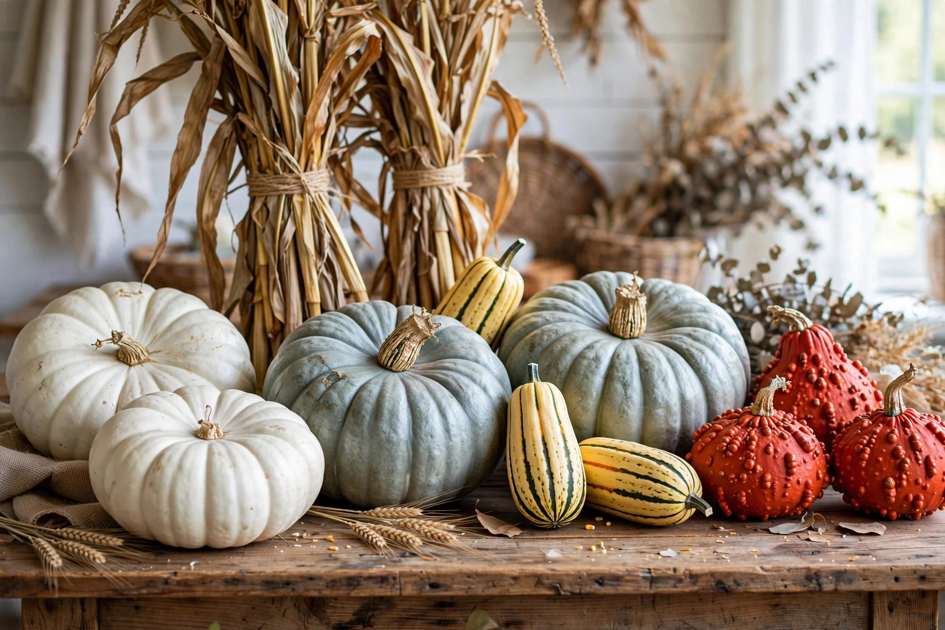 Real heirloom pumpkin varieties including white, blue-grey and striped pumpkins displayed on a farmhouse table
