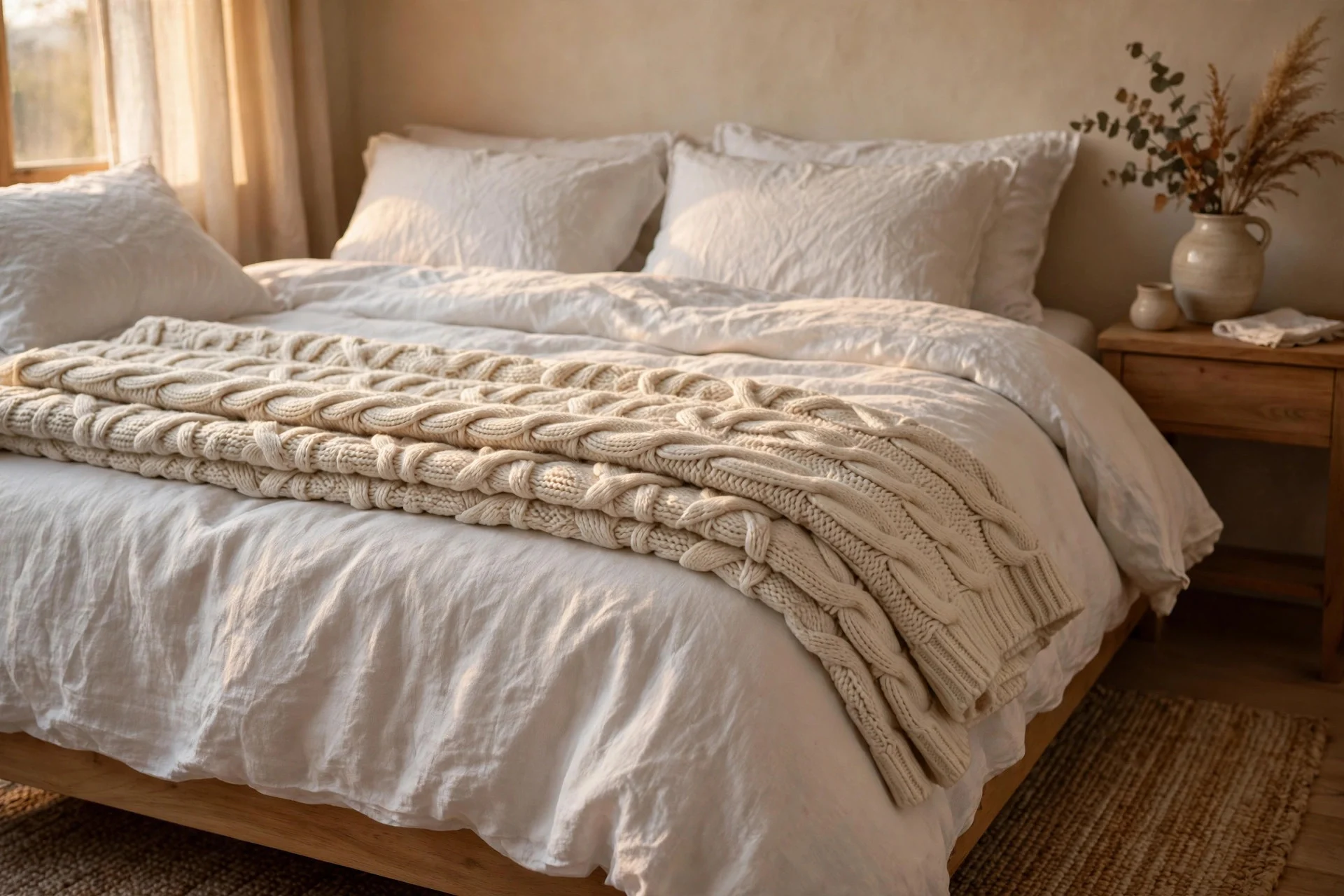 Chunky cream knit throw blanket folded across the foot of a bed