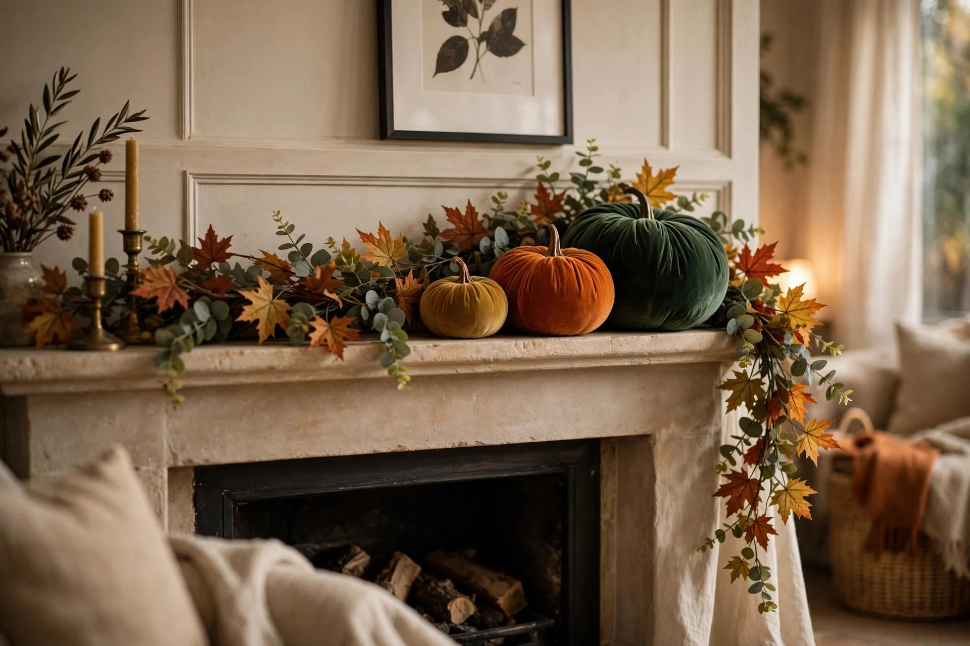 Eucalyptus leaf garland draped across a mantel with three velvet pumpkins in front