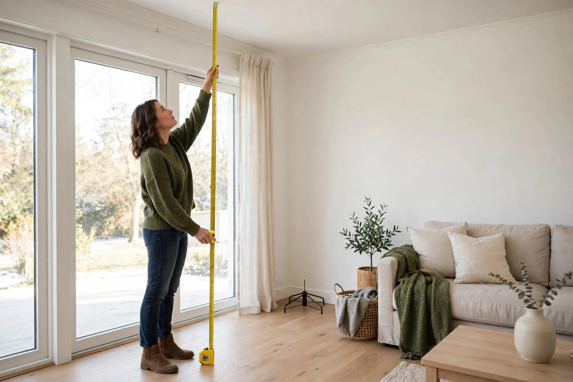 Person holding a tape measure from floor to ceiling in a living room corner where a Christmas tree will stand