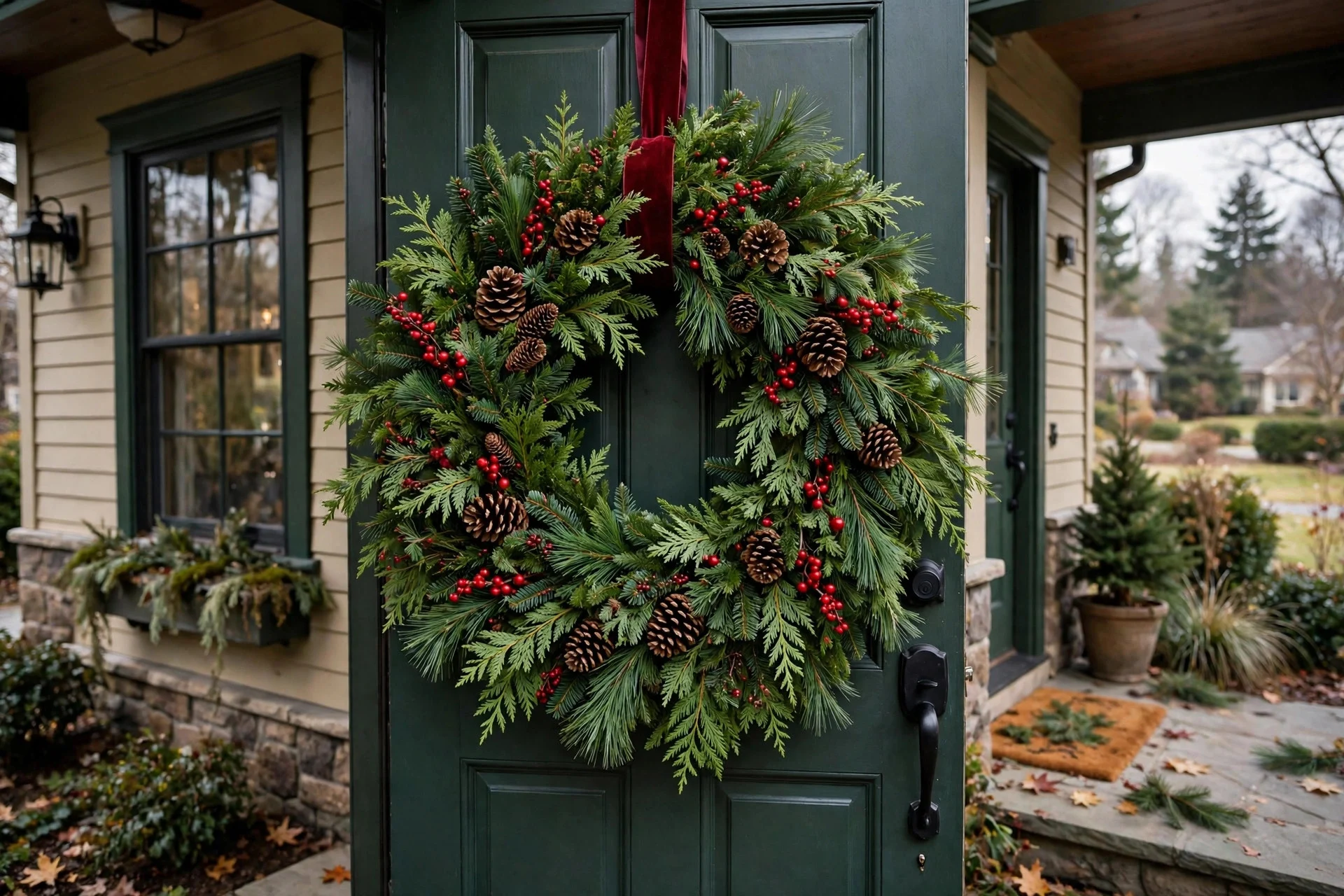 Oversized lush Christmas wreath with mixed evergreens, pinecones and red berries hanging on a dark green front door