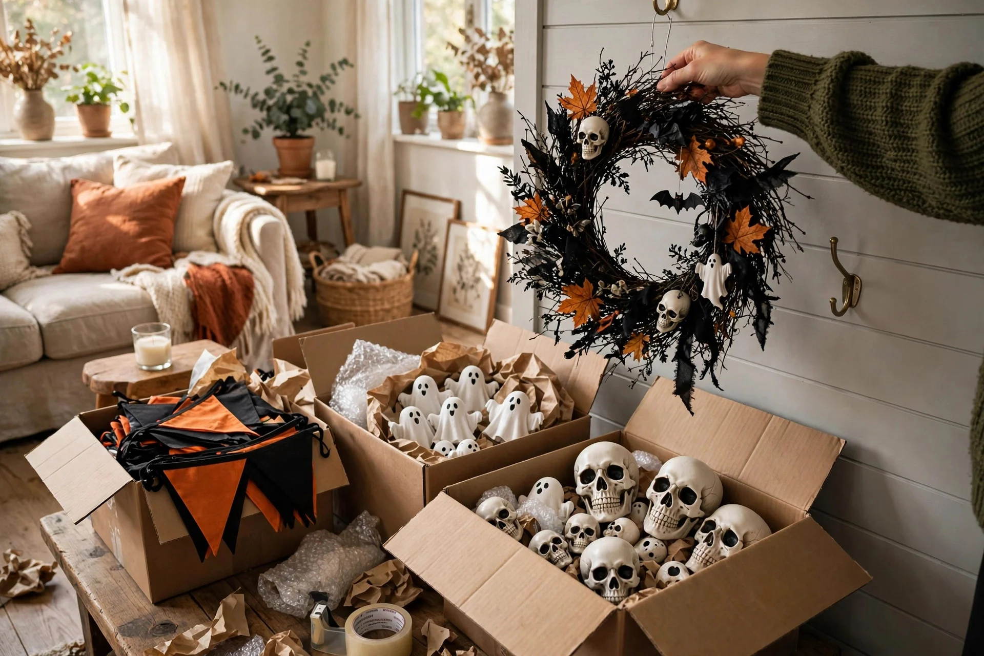 Boxes of skull and ghost Halloween decorations being packed away from a living room