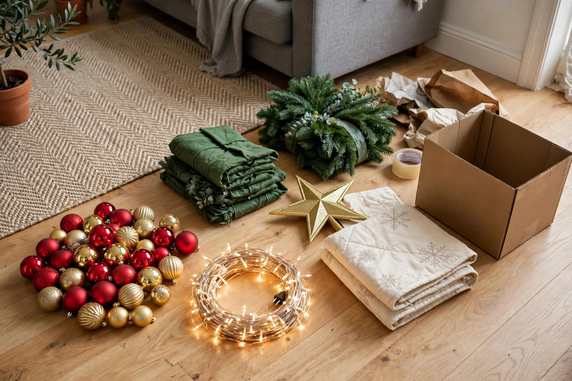 Christmas ornaments, lights, and garlands sorted into labeled groups on a living room floor before packing