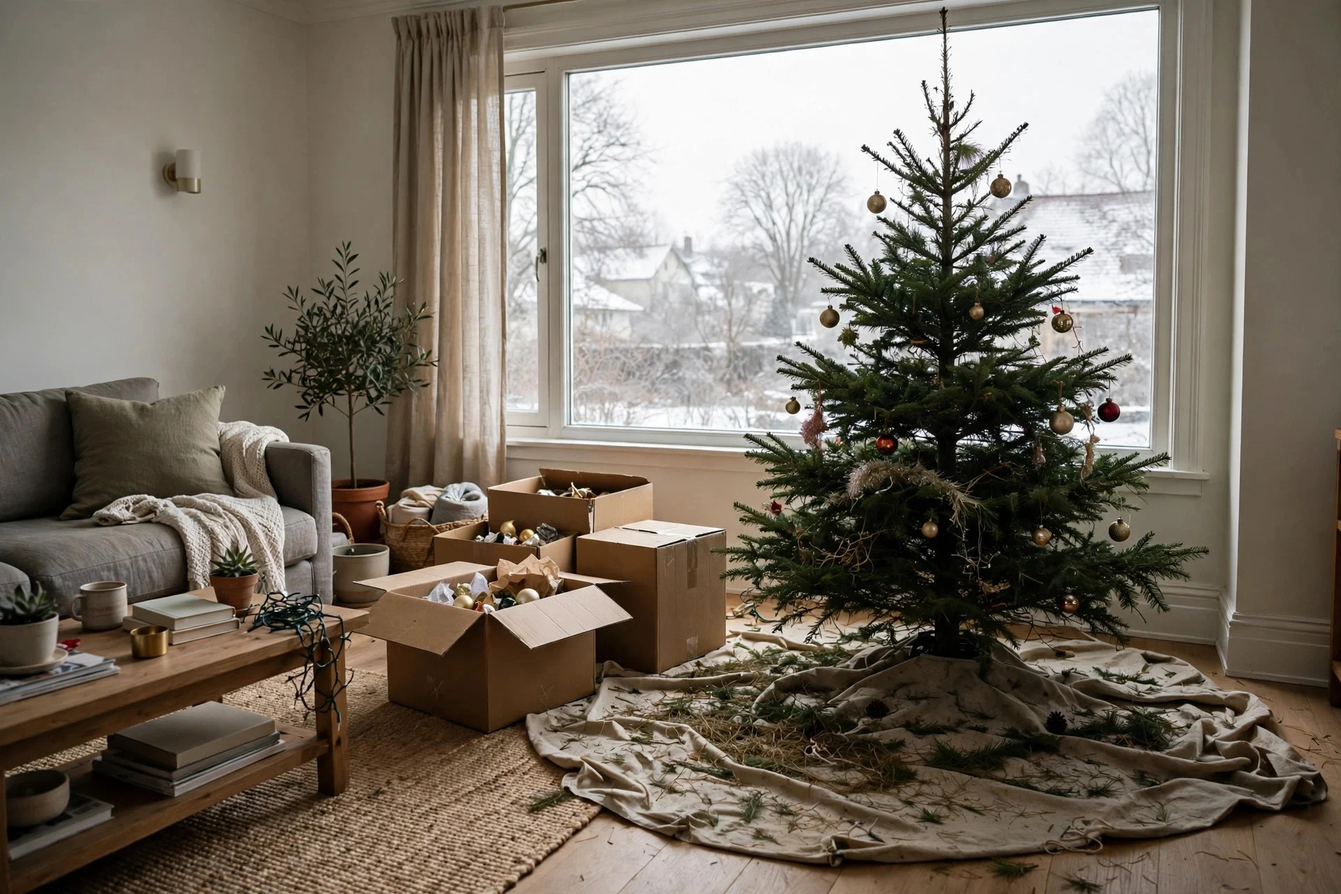 Undecorated Christmas tree being taken down in a living room in January