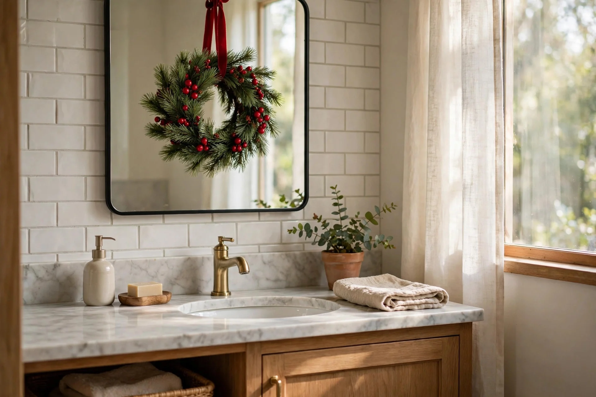 Small pine wreath with red berries hanging on a bathroom mirror