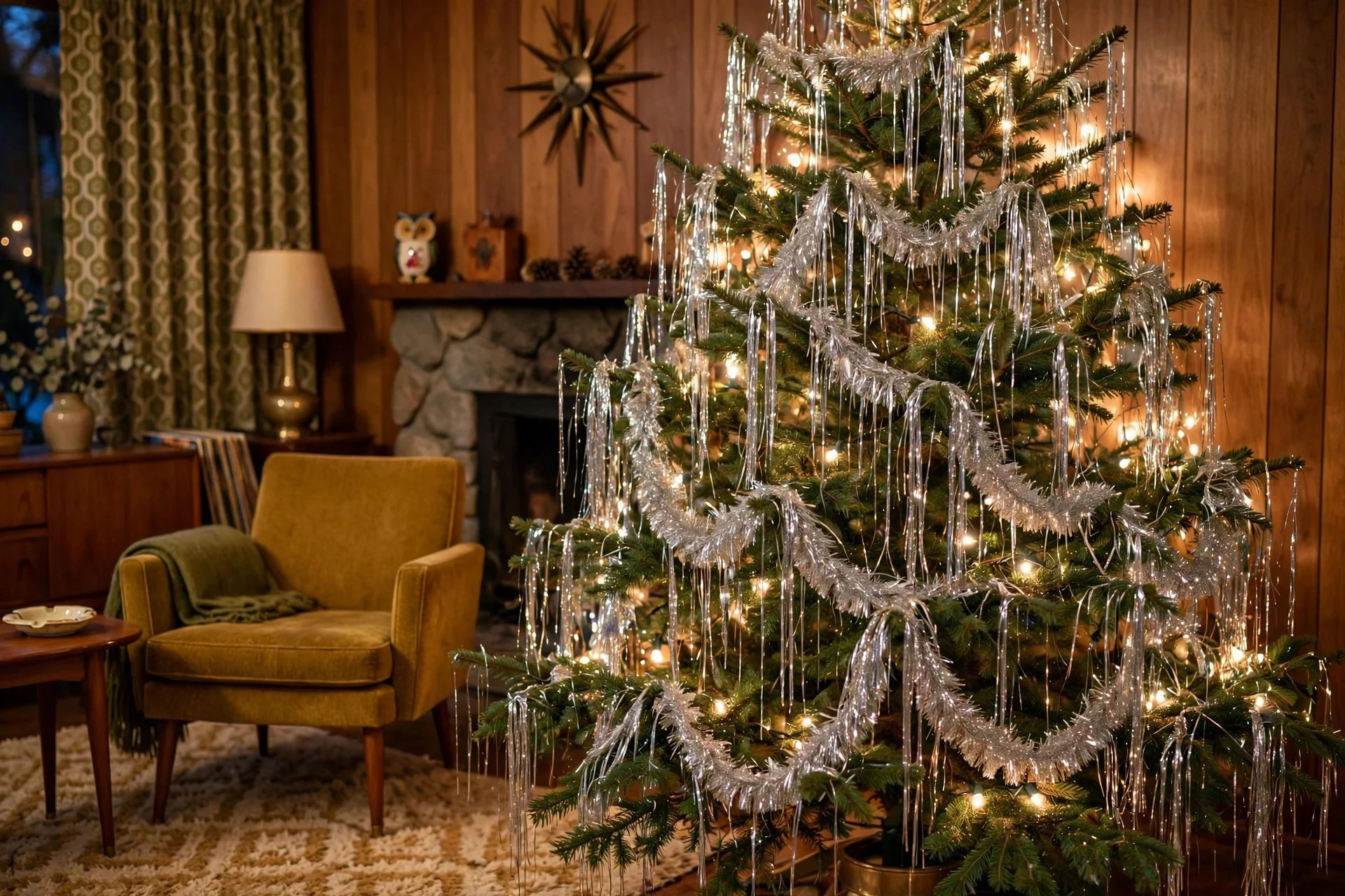 Classic silver aluminum tinsel strands draped over a vintage-style Christmas tree
