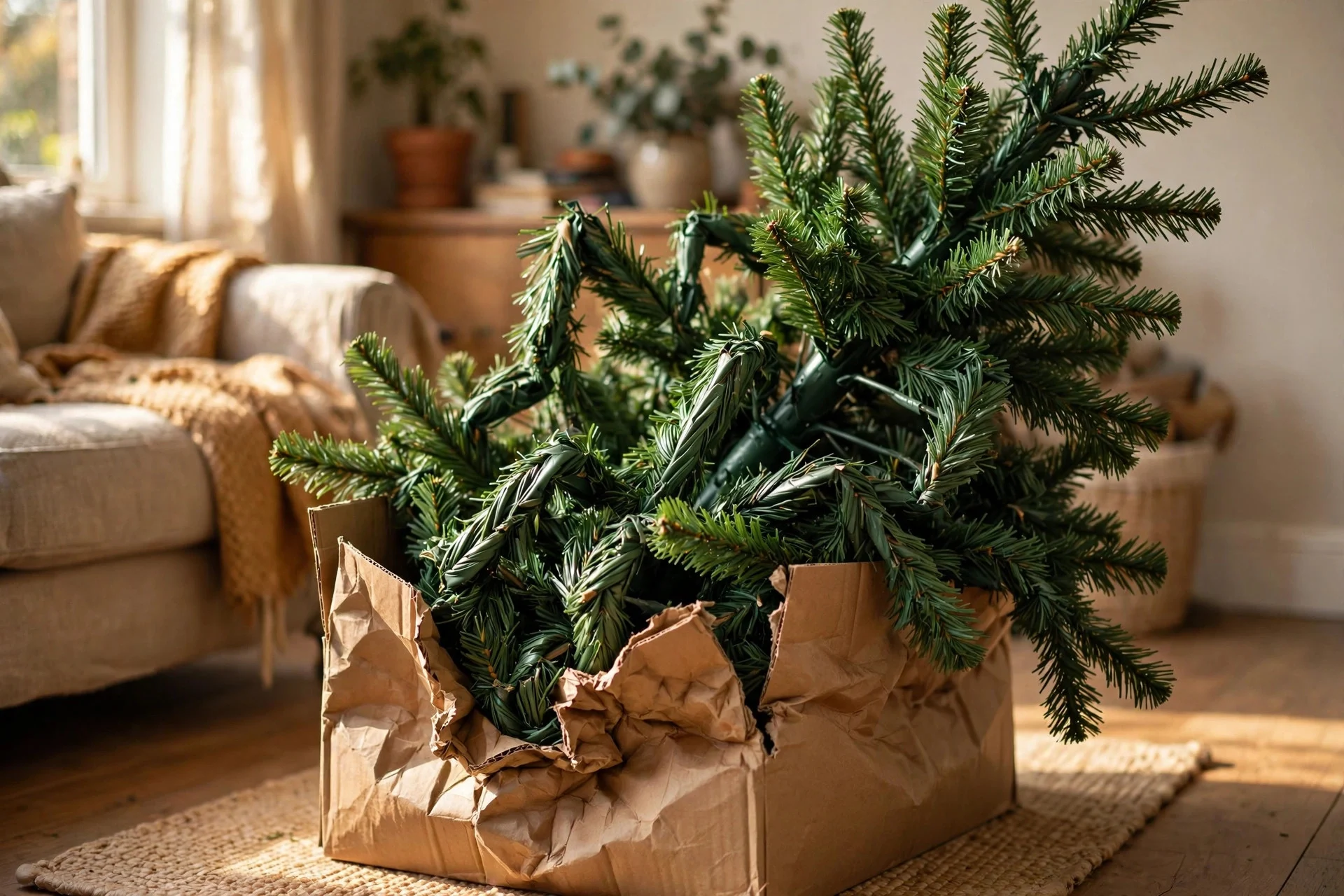 Artificial Christmas tree with bent and crushed branches being forced into a narrow storage box