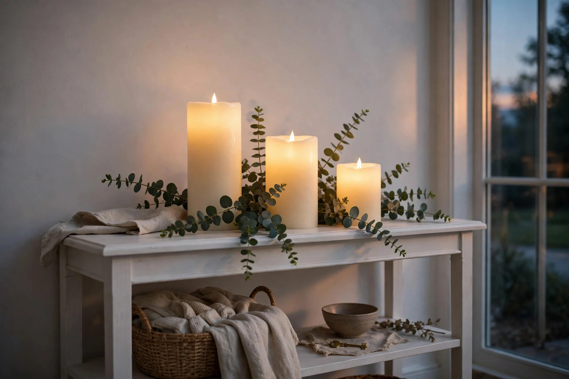 White entryway console lined with glowing LED pillar candles and eucalyptus