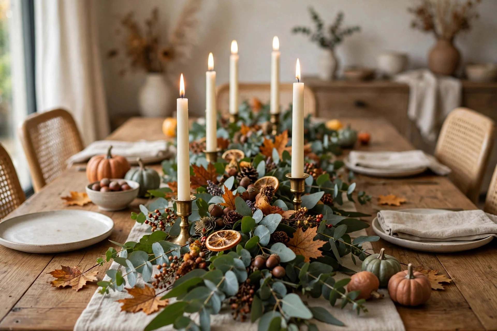 Long eucalyptus branch garland running down the center of a fall table with taper candles