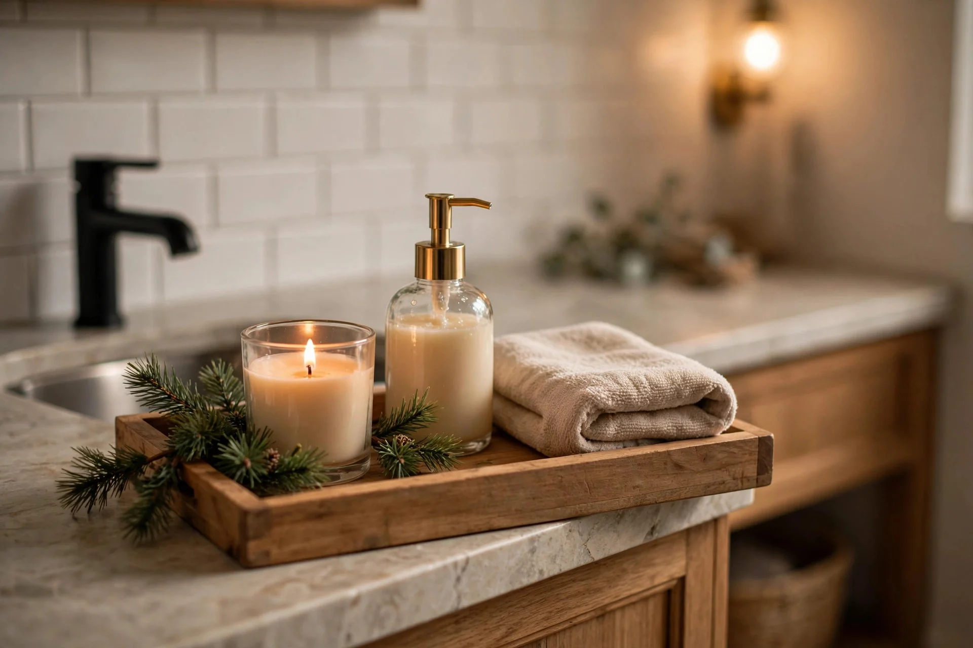 Festive bathroom counter tray with soap dispenser, candle, and pine sprigs
