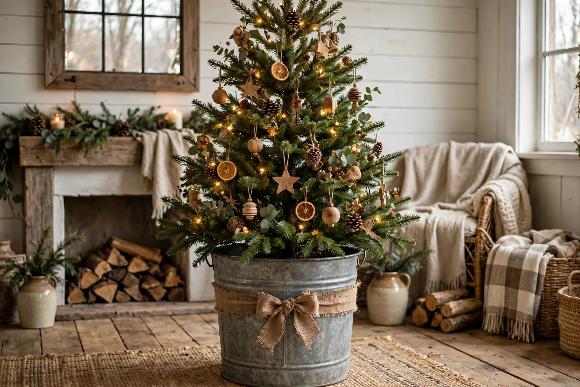 Christmas tree set in a galvanized metal bucket as a tree stand in a rustic living room