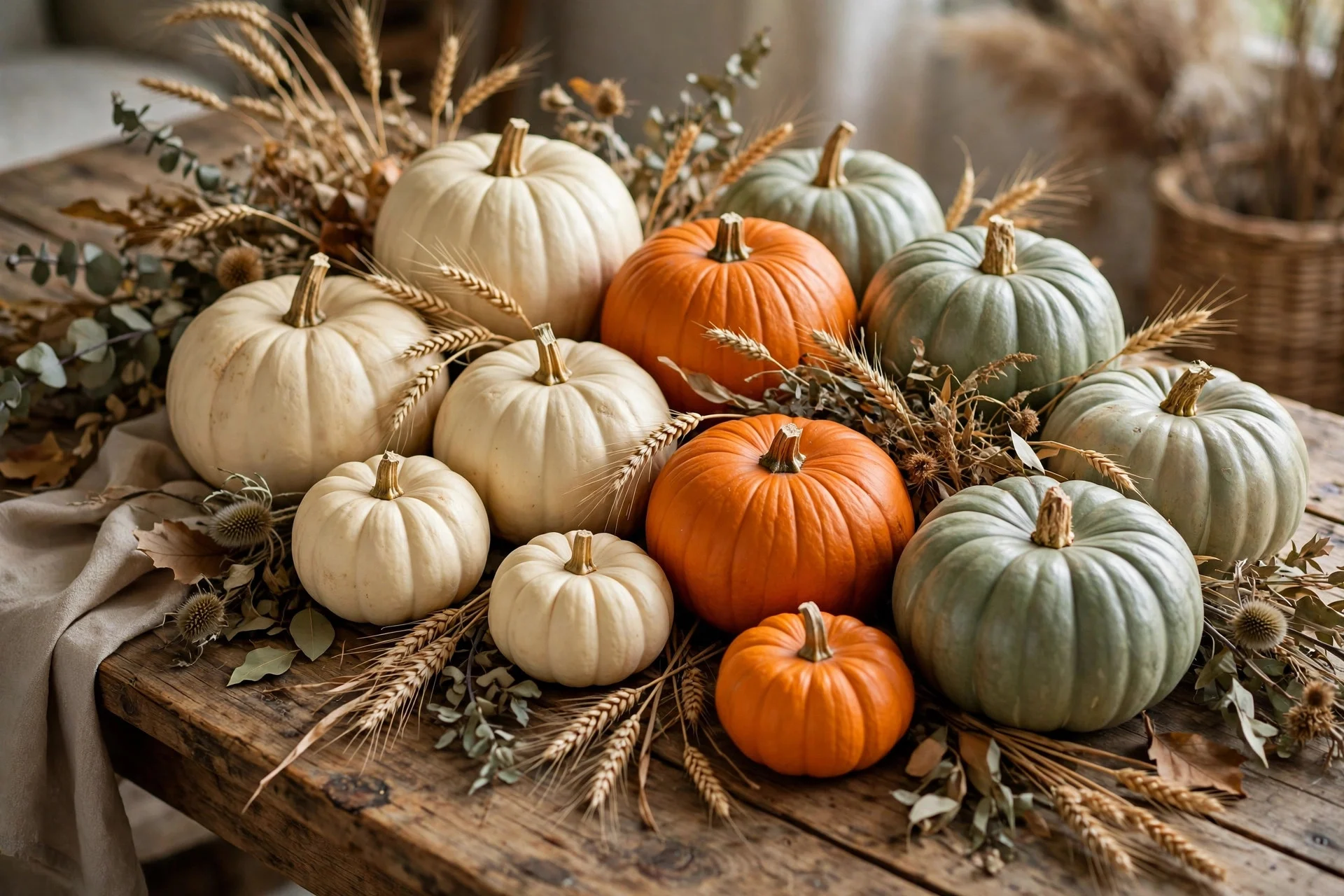 Cream and orange pumpkins arranged on a wooden table ready to carry into Thanksgiving decor