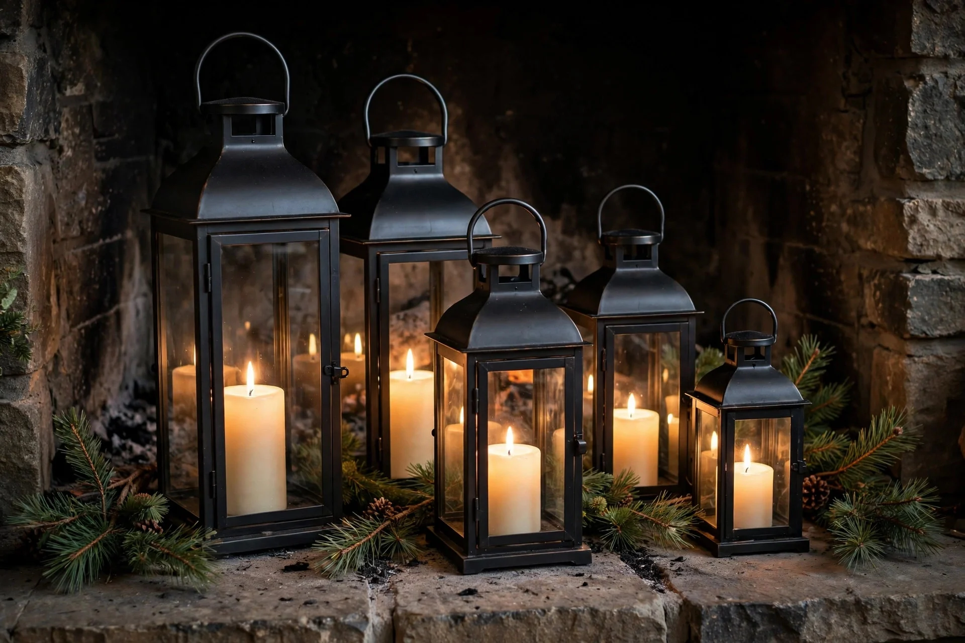 Cluster of glowing lanterns of different heights arranged in a fireplace hearth