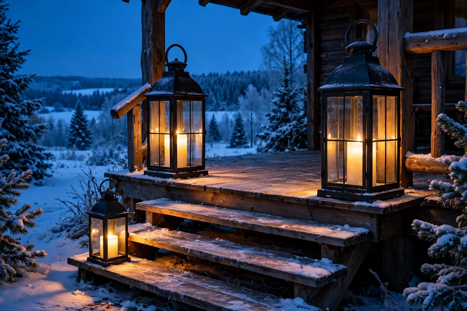 Oversized black metal lanterns with glowing LED candles on a winter porch at dusk