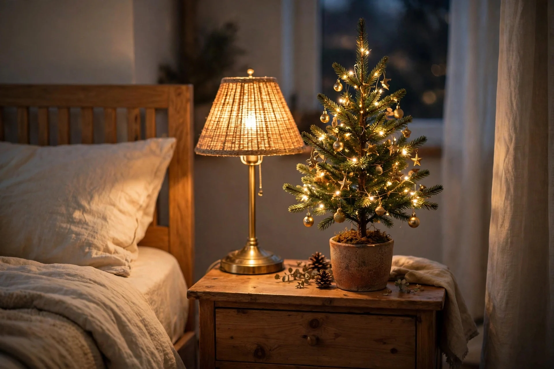 Mini Christmas tree with warm lights on a wooden nightstand