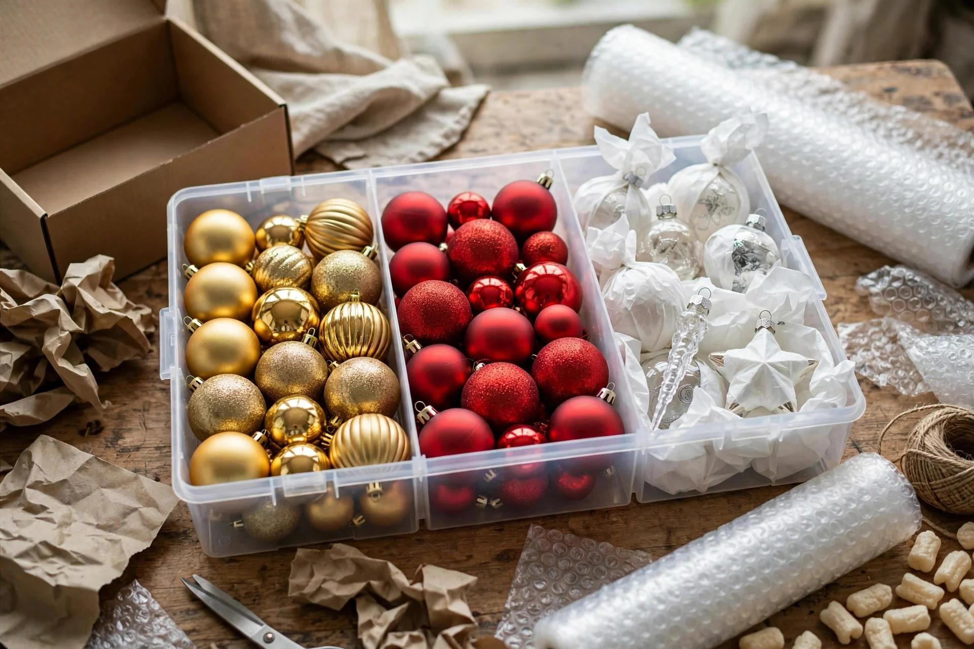 Christmas ornaments packed neatly in divided storage boxes by color