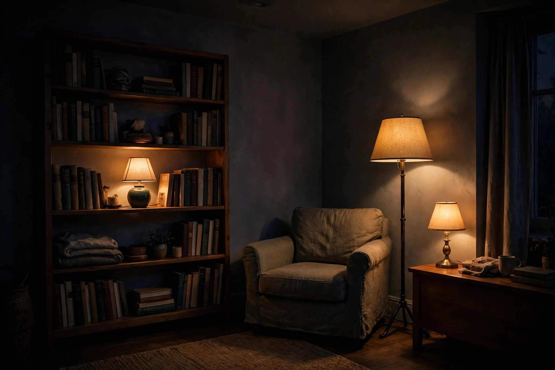 Cozy corner of a living room lit by two glowing table lamps instead of overhead lighting