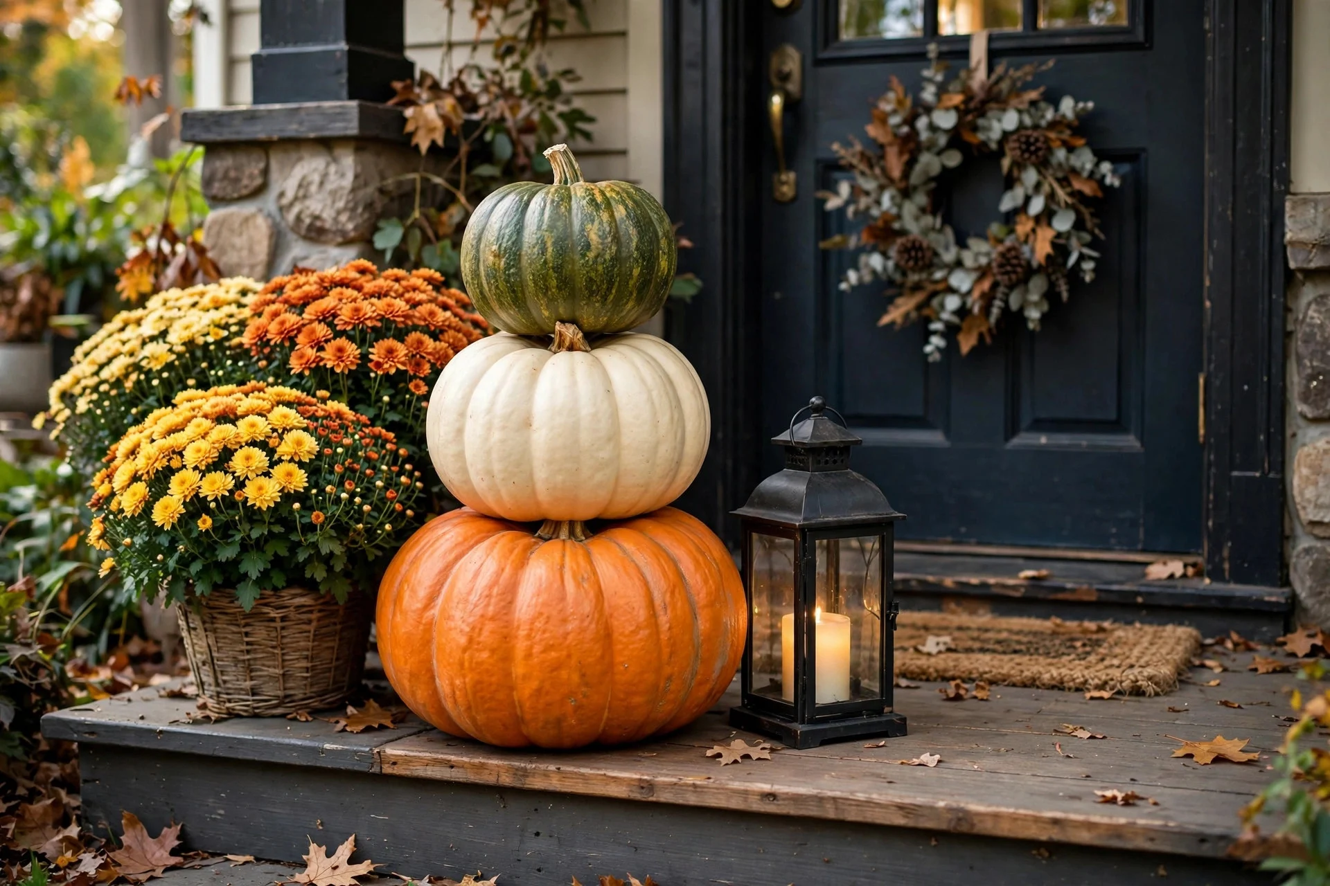 Three real pumpkins of decreasing size stacked into a topiary on a front porch step