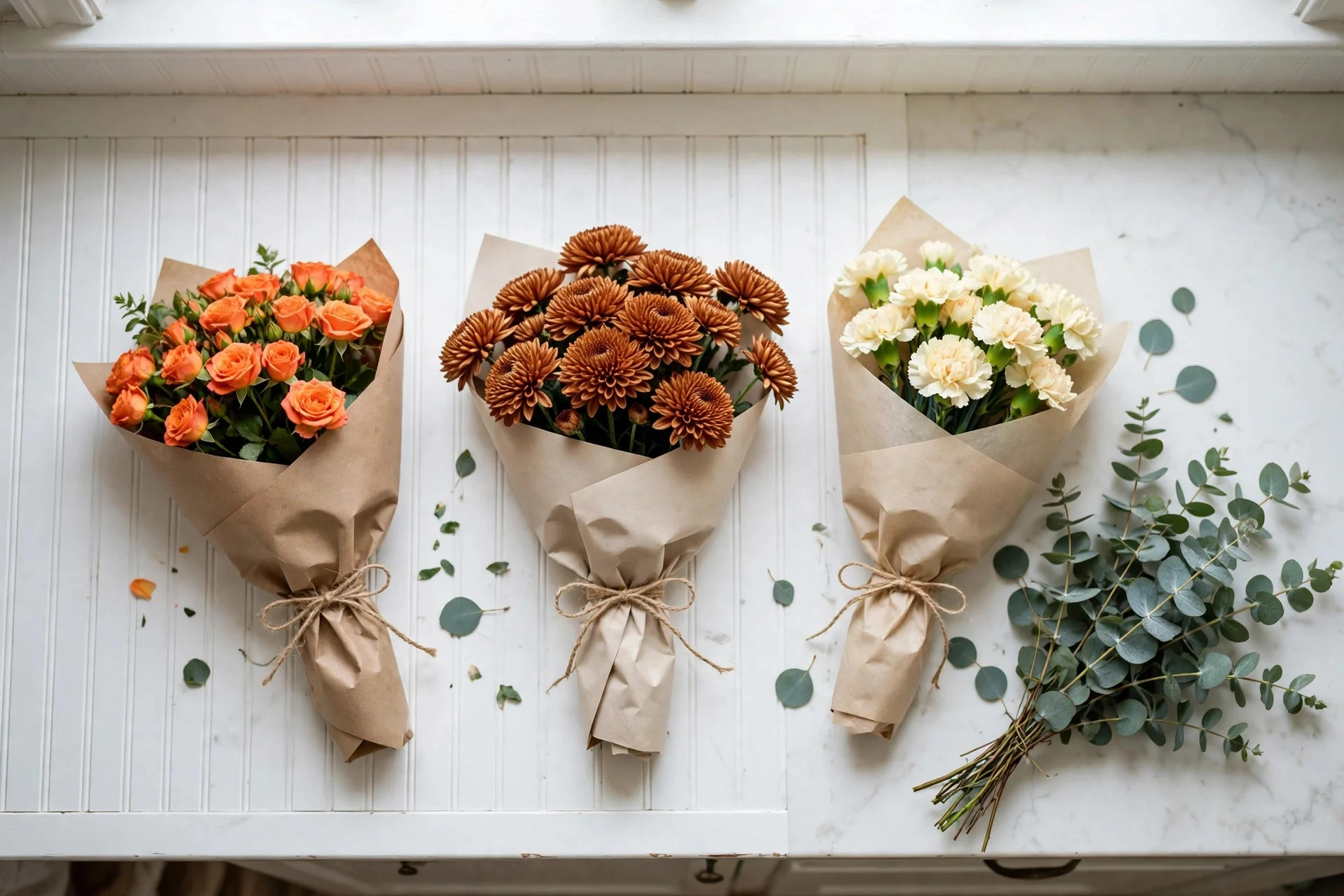 Three wrapped grocery store bouquets — spray roses, mums, and carnations — on a kitchen counter
