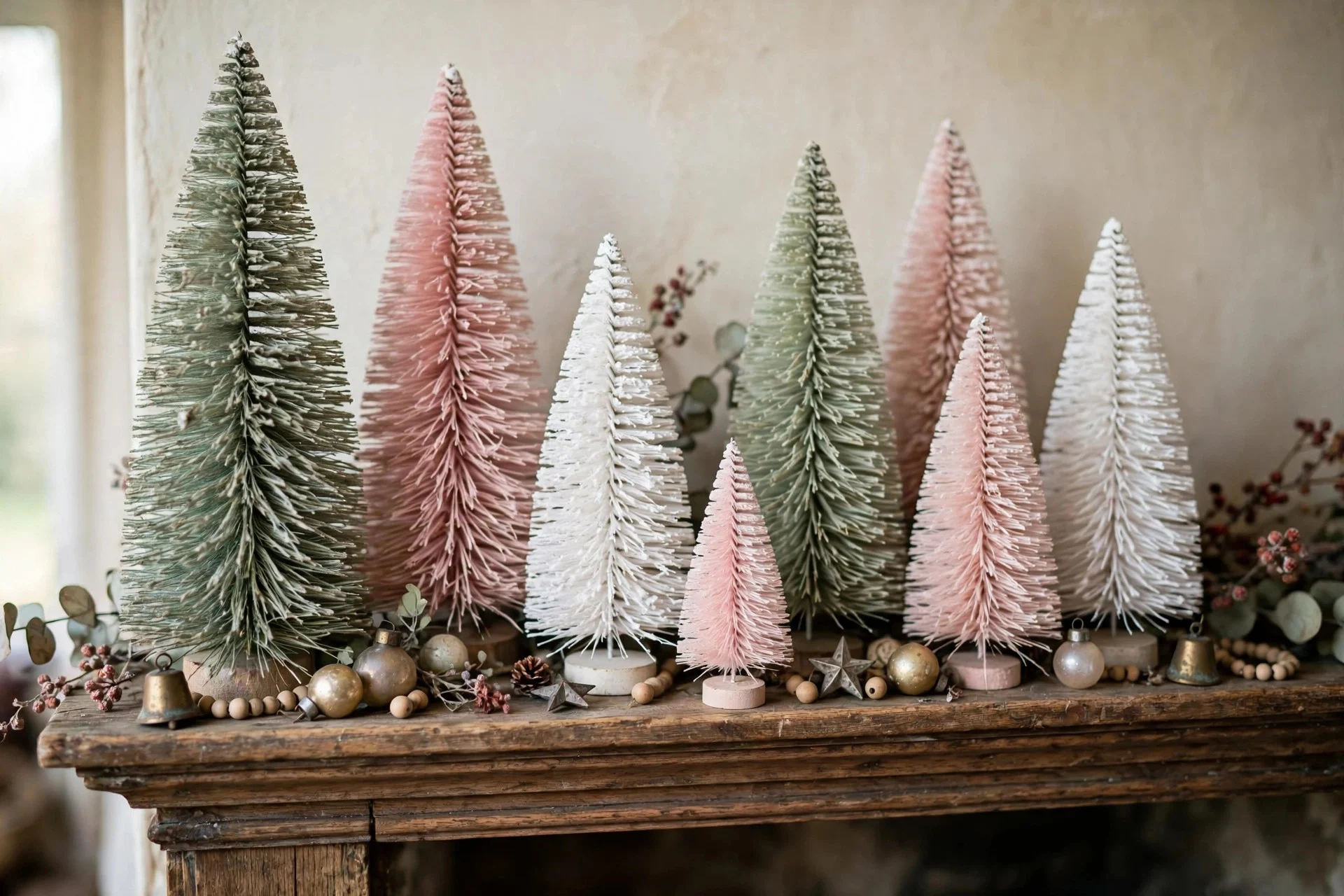 Collection of vintage bottle-brush Christmas trees in faded colors on a wooden mantel