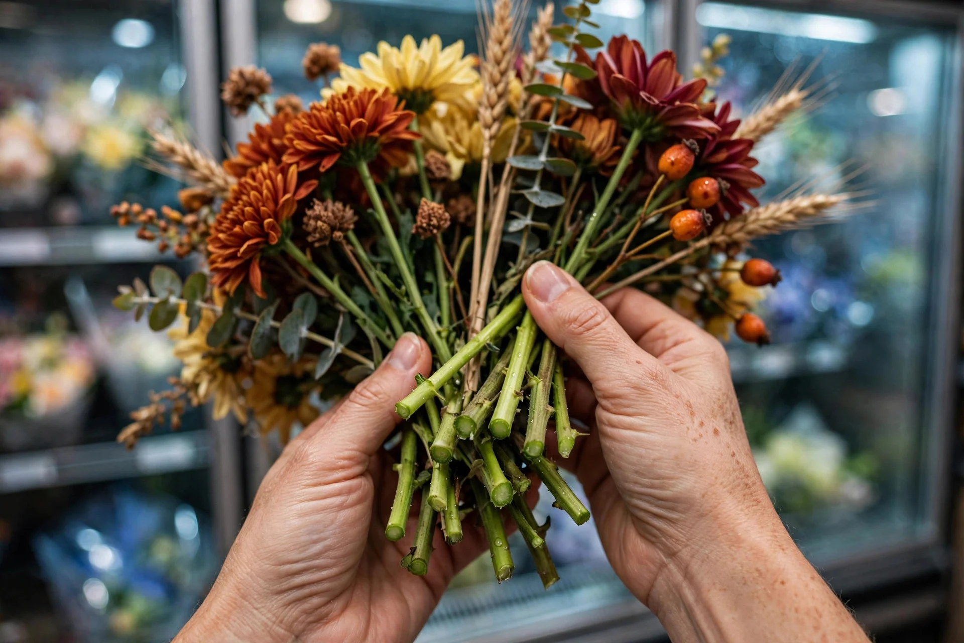 Close-up of hands checking the cut ends of flower stems for freshness